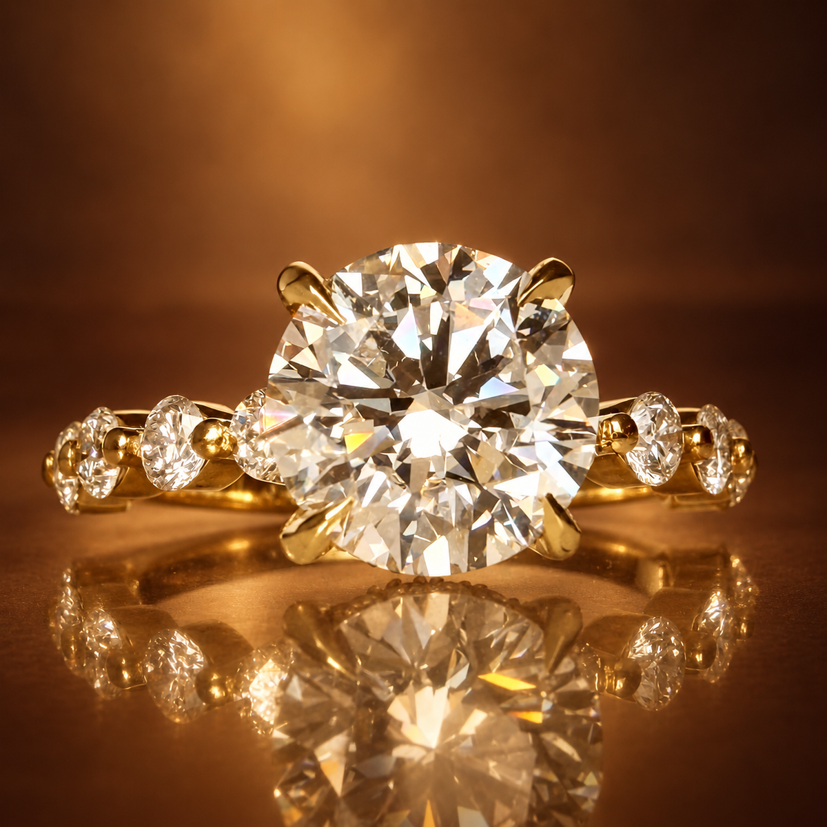 3,00 ct Hidden Halo -timanttisormus – 2,06 ct E/VS1 Triple Excellent – 14K keltakulta – IGI kullanruskealla taustalla