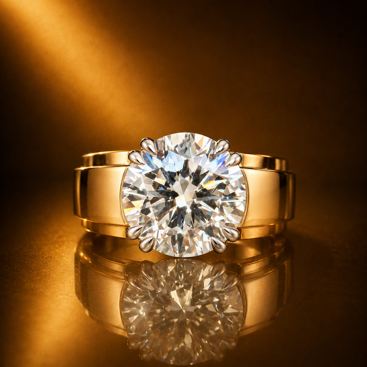 11,02 ct Radiant Cut -timanttisormus – 10,05 ct F/VS1 – 18K valkokulta – IGI eruviistosta kullan ruskealla taustalla
