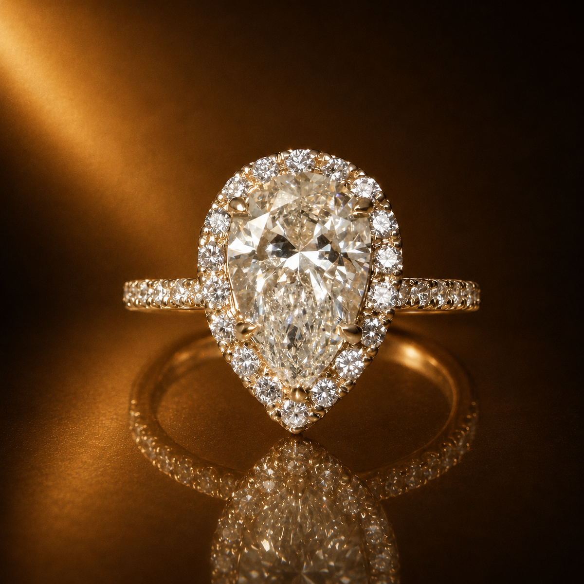 Keltakultainen 2,60ct Pear Cut Halo/Hidden halo  sormus tumman ruskealla peilaavalla taustalla 