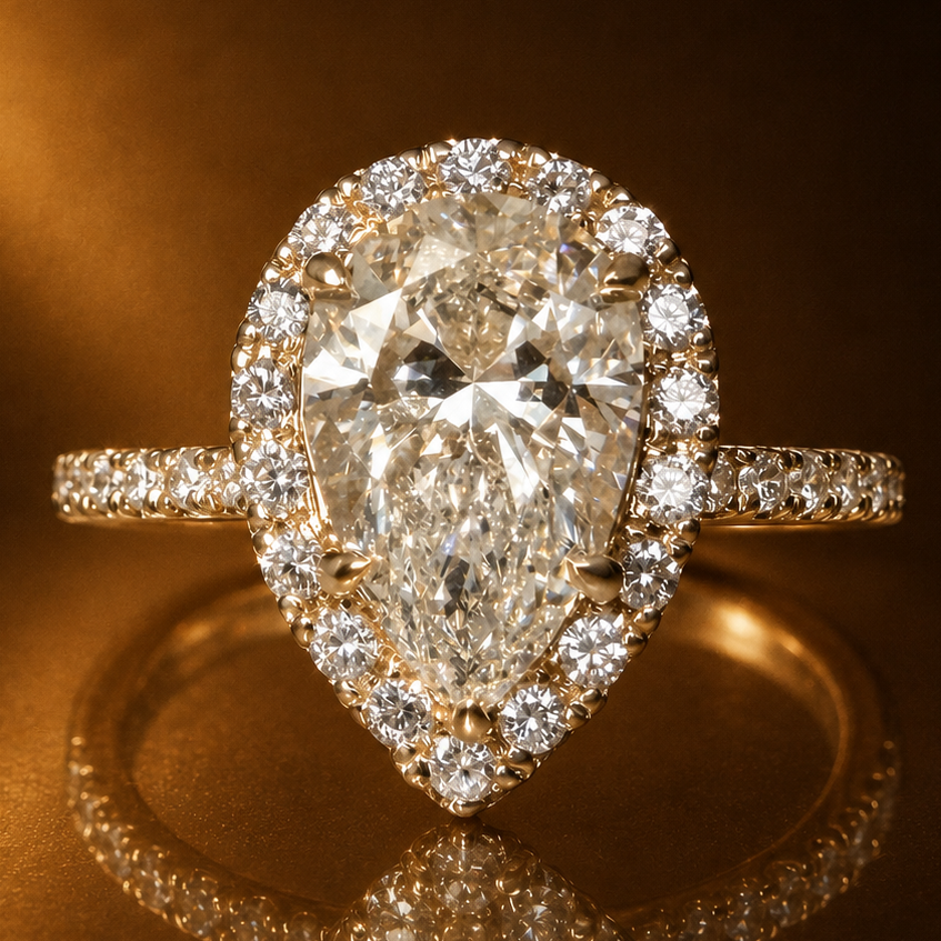 2,60 ct Pear Halo -timanttisormus – Hidden Halo – 14K keltakulta – IGI kullanruskealla taustalla edestä
