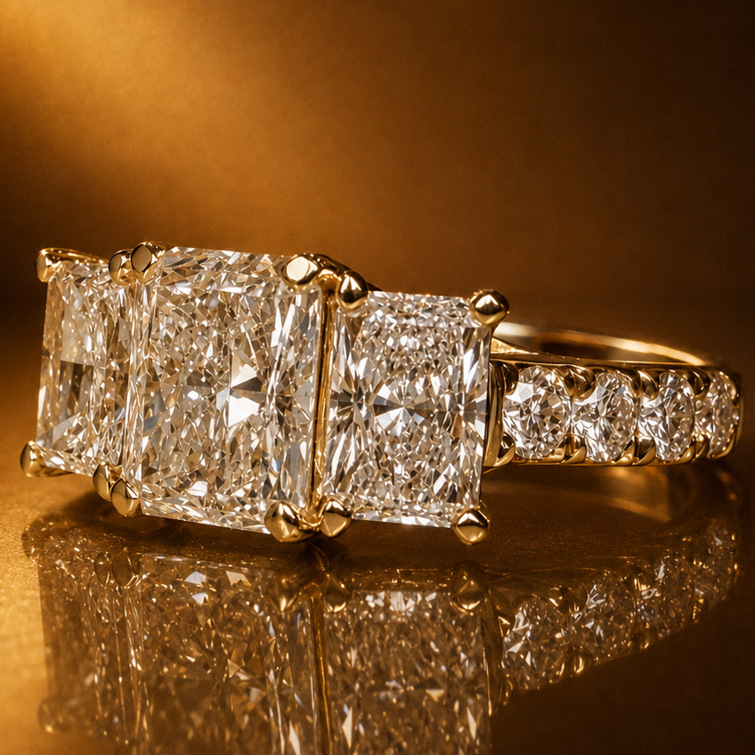 3,01 ct Radiant Trilogy -timanttisormus – 14K keltakulta – IGI kullanruskealla taustalla