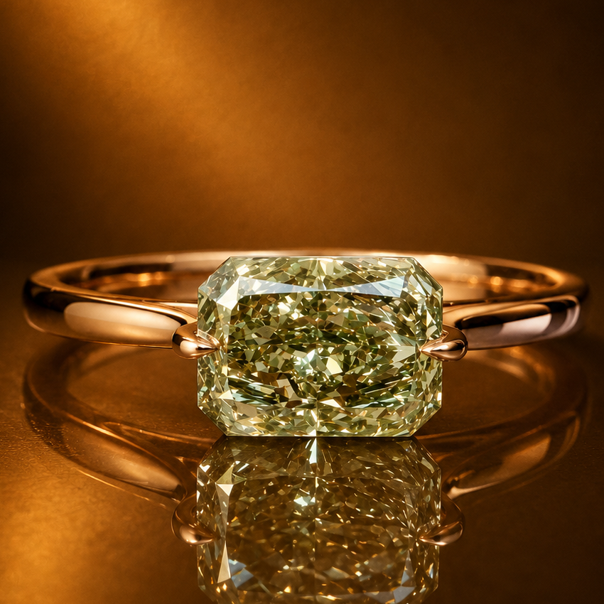 1,19 ct Fancy Vivid Green timanttisormus 14K ruusukulta tummalla taustalla