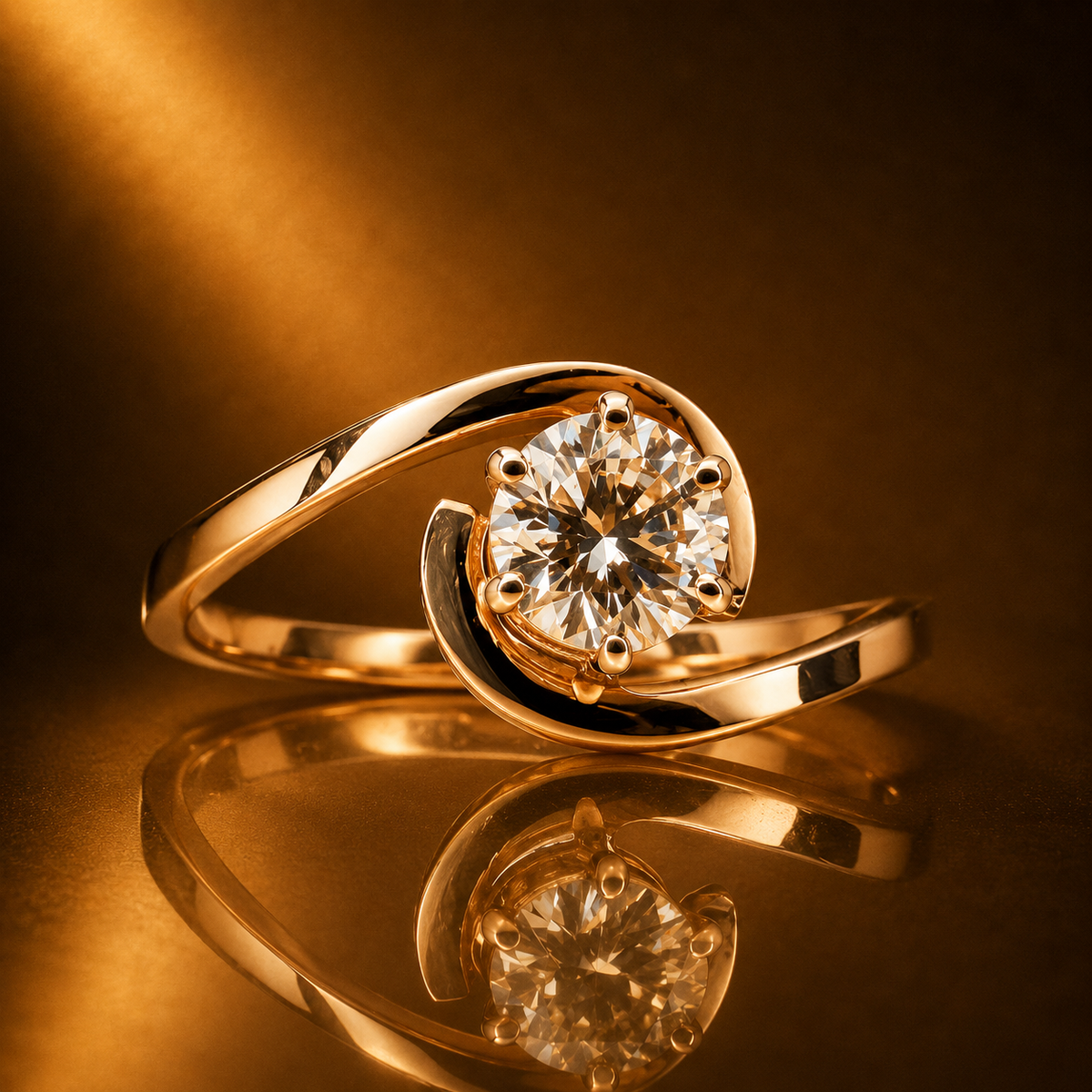 Ruusukultainen luonnontimanttisormus 0,52 ct VS2 14k tumman ruskealla peilaavalla taustalla. 