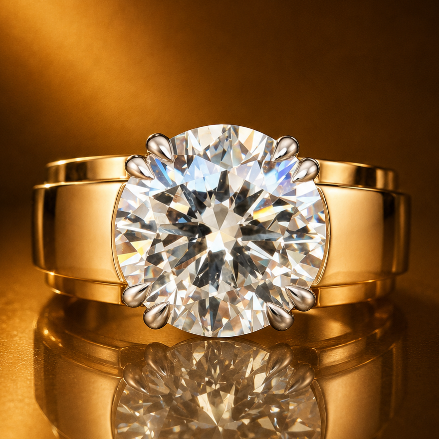 7 ct round brilliant timanttisormus kullanruskealla taustalla