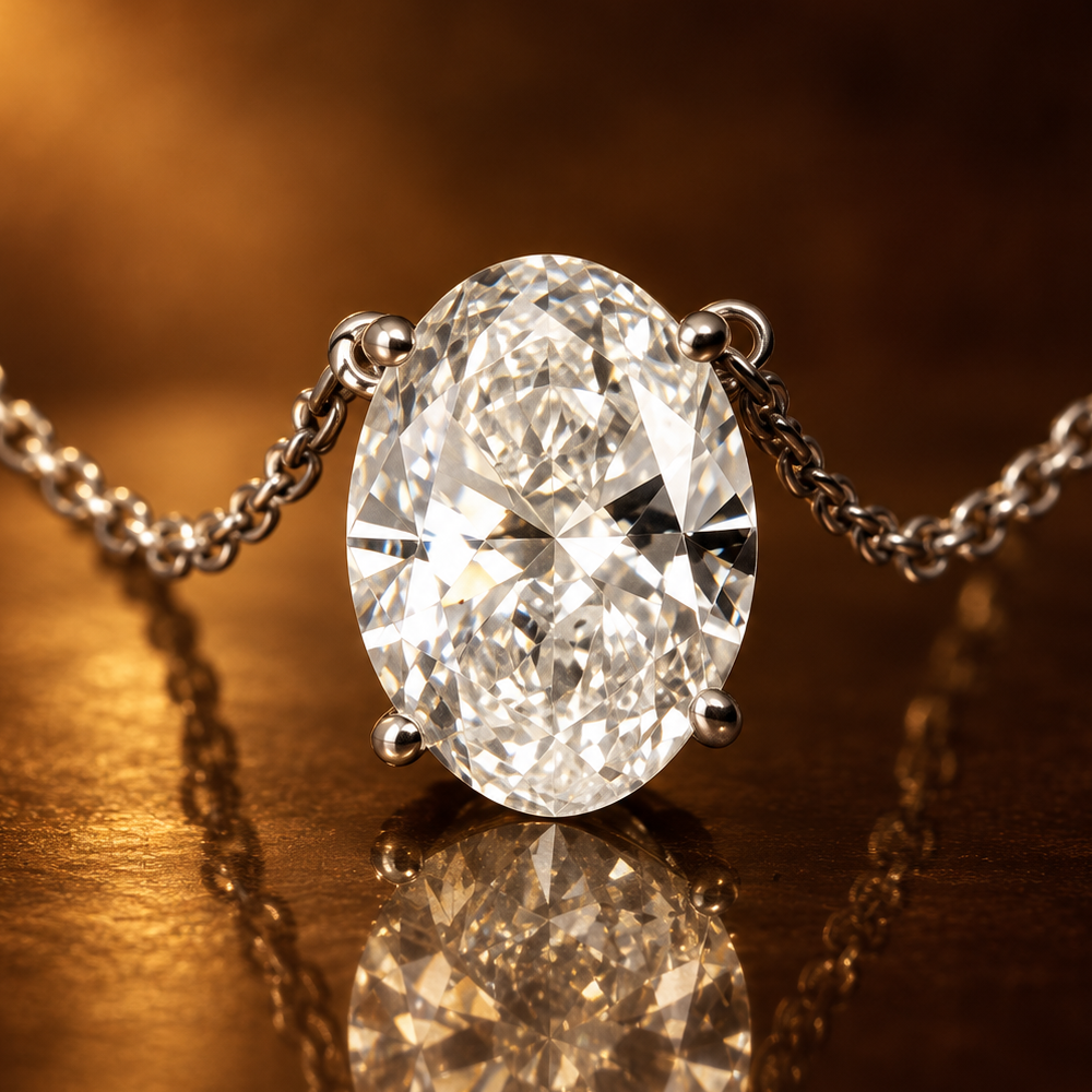 1,54 ct Oval Cut -timanttikaulakoru – D/VS1 – 14K valkokulta – IGI kullan ruskealla taustalla