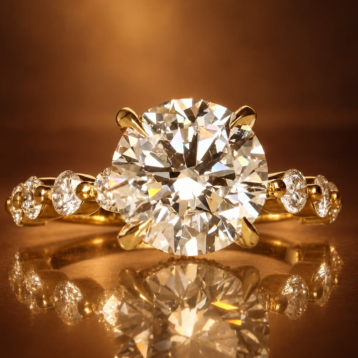3,00 ct Hidden Halo -timanttisormus – 2,06 ct E/VS1 Triple Excellent – 14K keltakulta – IGI kullanruskealla taustalla