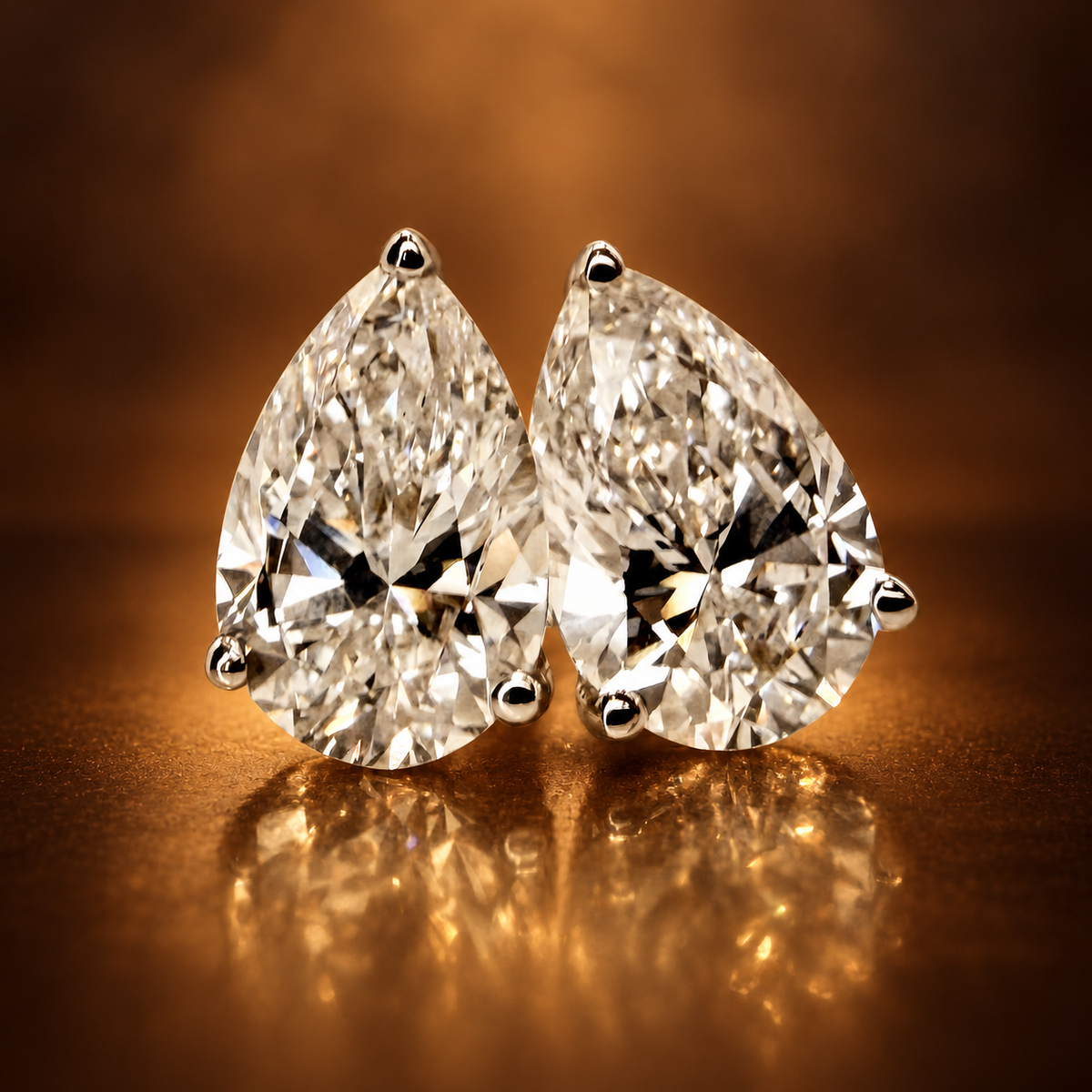3,00 ct Pear Cut -timanttikorvakorut – E/VS1 – 14K valkokulta – IGI kullan ruskealla taustalla