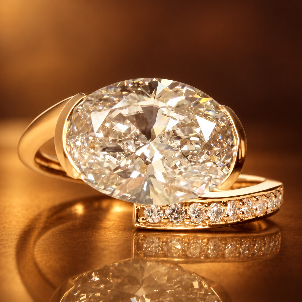 2,80 ct East–West ovaali-timanttisormus – F–G/VS – 14K keltakulta – HRD kullanruskealla taustalla