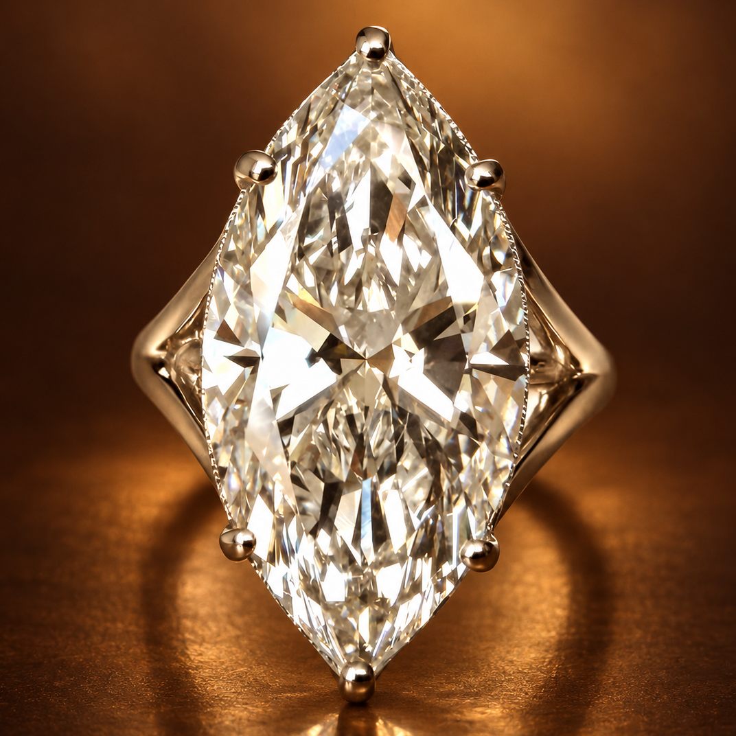 8,19 ct Marquise Cut -timanttisormus – F/VVS2 – 14K valkokulta – IGI kullanruskealla taustalla