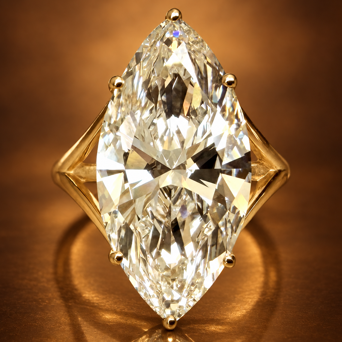 10,09 ct Marquise Cut -timanttisormus – F/VVS2 – 14K keltakulta – IGI kullanruskealla taustalla
