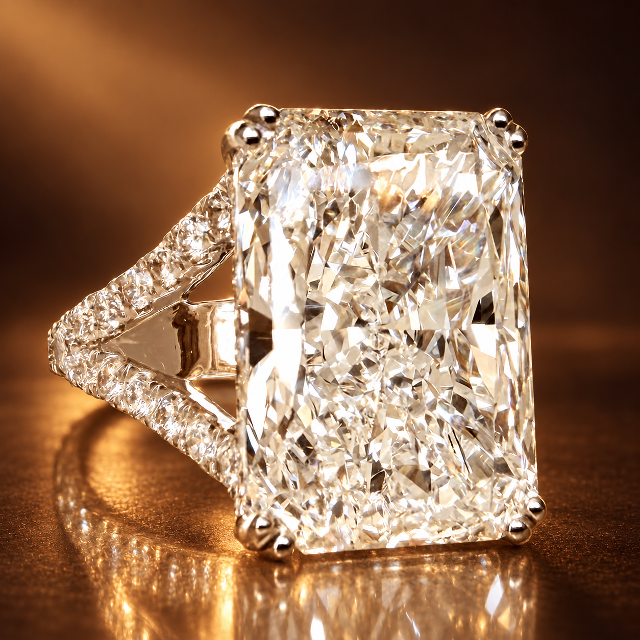 11,02 ct Radiant Cut -timanttisormus – 10,05 ct F/VS1 – 18K valkokulta – IGI eruviistosta kullan ruskealla taustalla