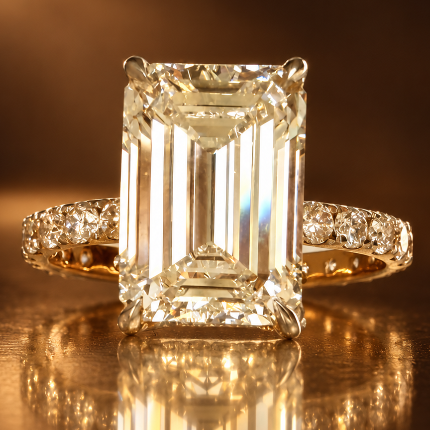6,01 ct Emerald Cut -timanttisormus – E/VS1 – 18K keltakulta – IGI kullanruskealla taustalla edestä