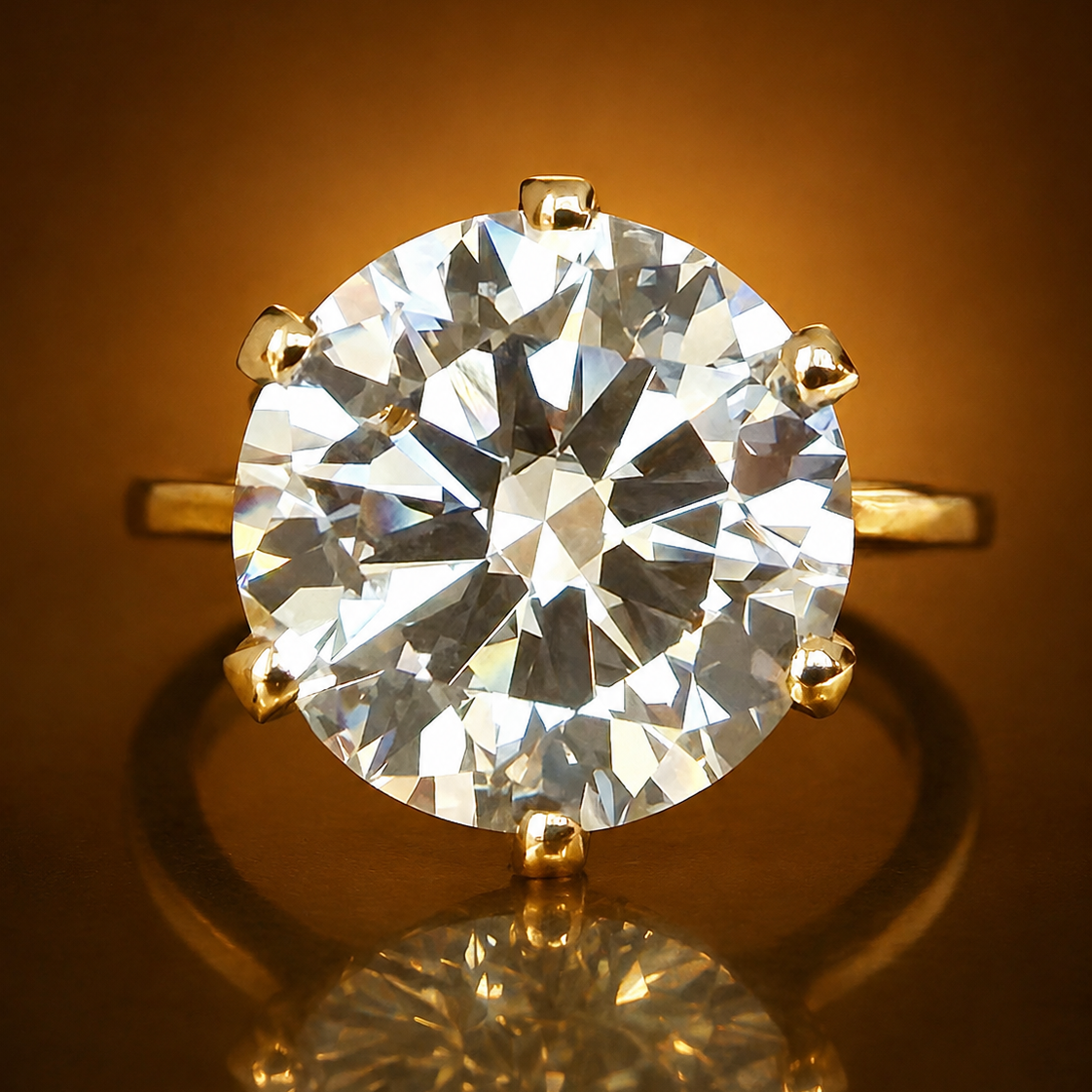 5,07 ct solitaire-timanttisormus – F VVS2 Ideal – 14K keltakulta – IGI kullanruskealla taustalla