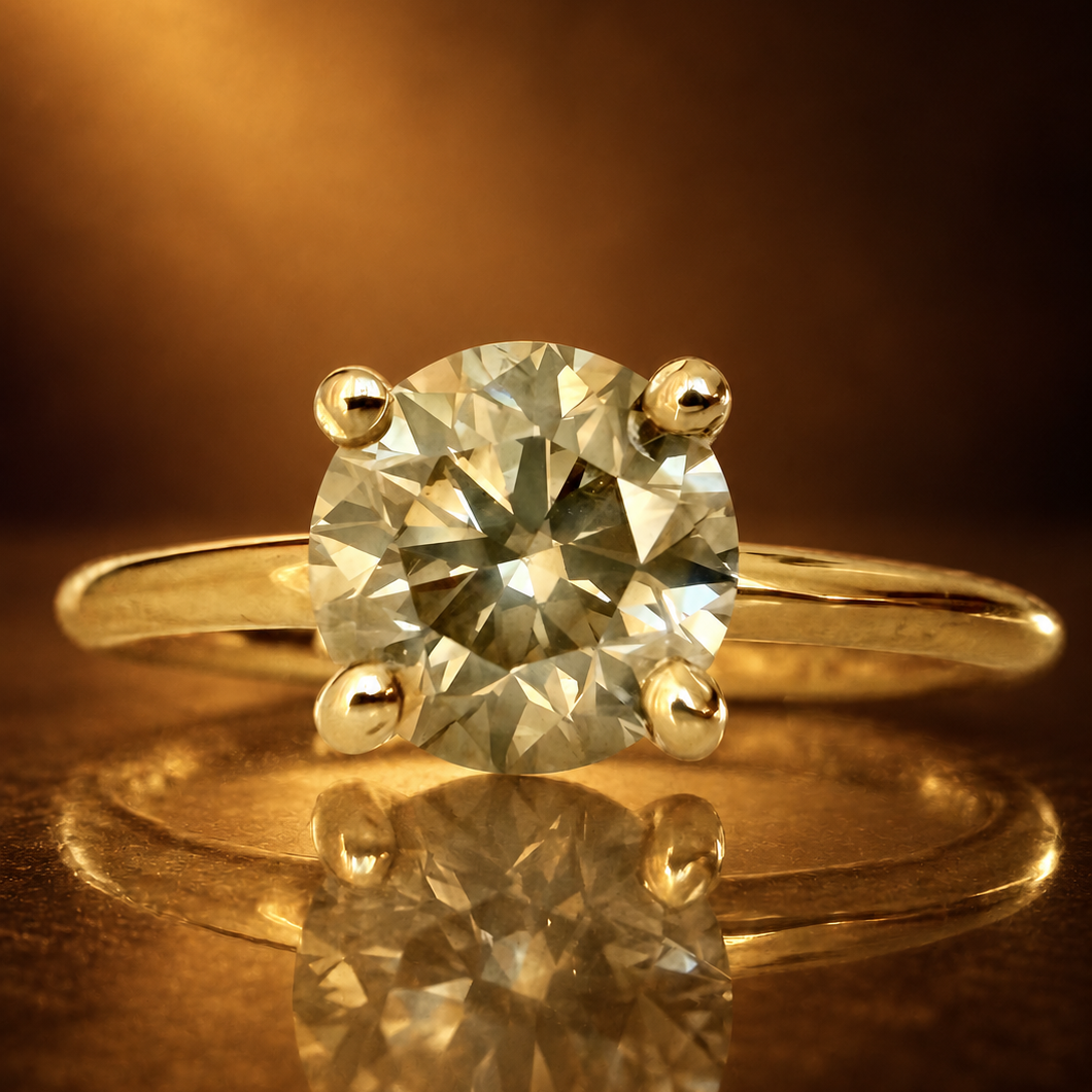 1,23 ct samppanjansävyinen luonnontimanttisormus – 14K keltakulta – IGI kullanruskealla taustalla