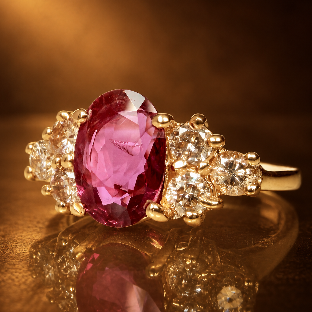 Luonnonrubiini- ja timanttisormus 1,15 ct – 14K keltakulta, HRD  tumman ruskealla taustalla