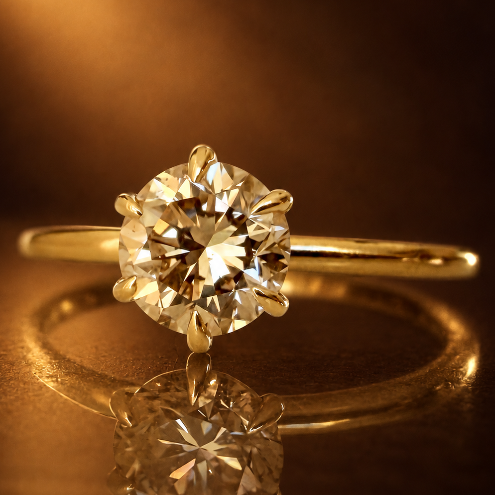 1,02 ct Shamppanja luonnontimanttisormus - Solitaire – 14K keltakulta – IGI kullanruskealla taustalla